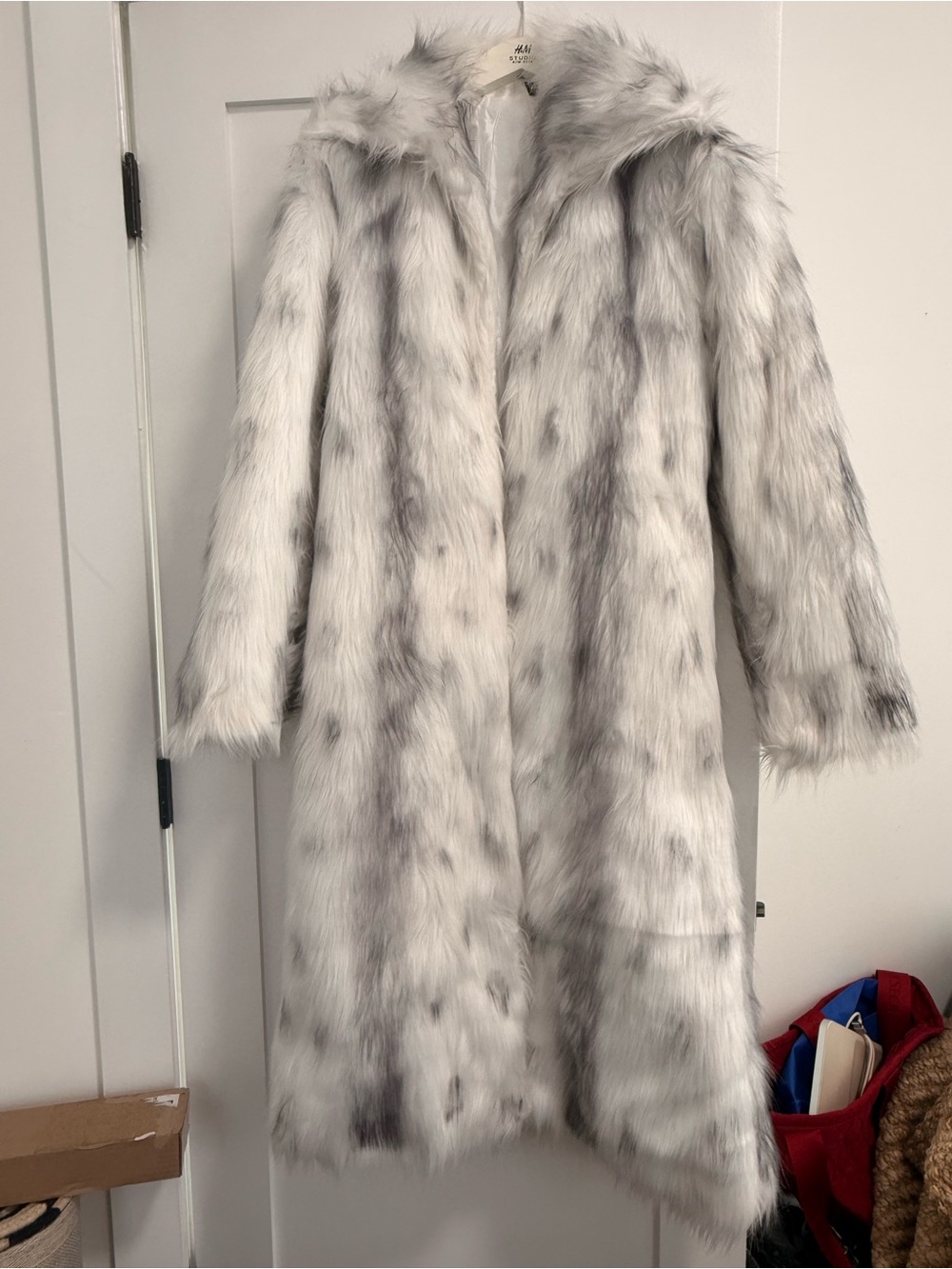 Long Faux Fur Coat in White and Gray - Picture 2 of 12